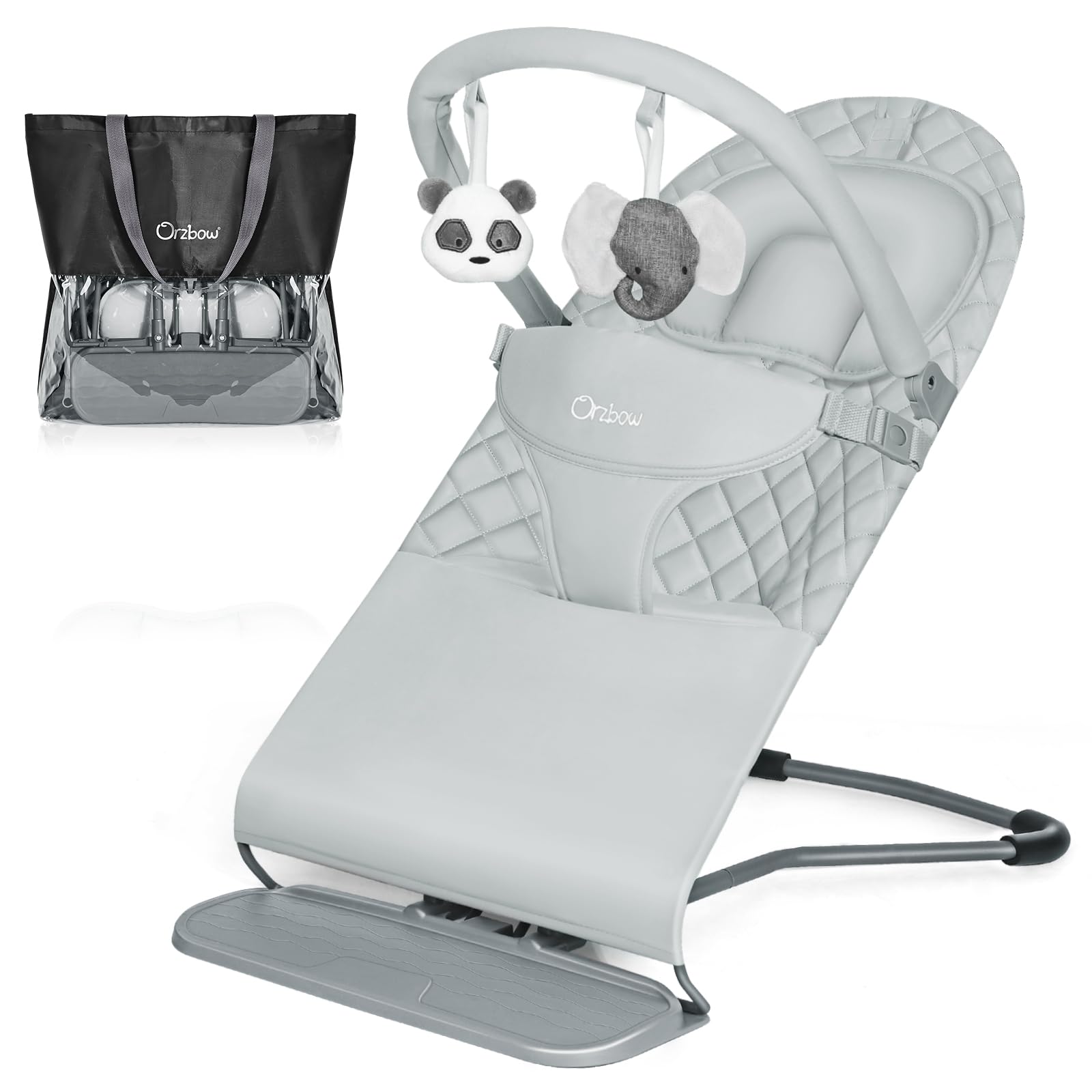 Orzbow Portable Baby Bouncer, Foldable Baby Bouncer Seat with Storage Bag and Removable Play Bar, 3 Recline Positions, 0-12 Months Up to 20lbs,