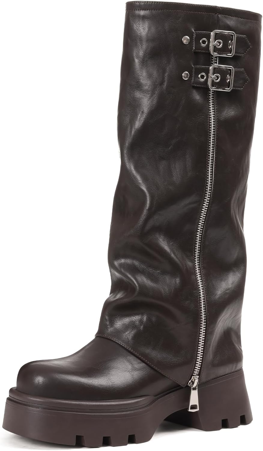 Women's Knee High Fold Over Boots Chunky Platform Lug Sole Comfortable Leather Round Toe Goth Moto Combat Dress Boots for Women