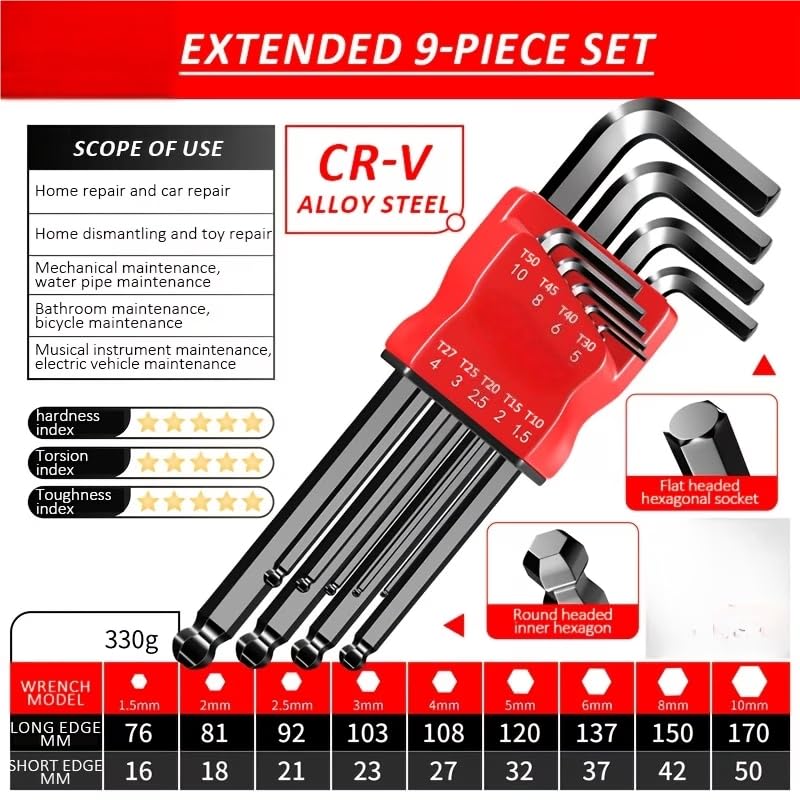 1 Pezzo Set di Chiavi Esagonali a Braccio Extra-Lungo con Estremità a Sfera e Torx - Impugnatura Comfort, Metallo Durevole per Riparazione Biciclette e Progetti Fai-da-Te, Set di Bussole Esagonali - 2