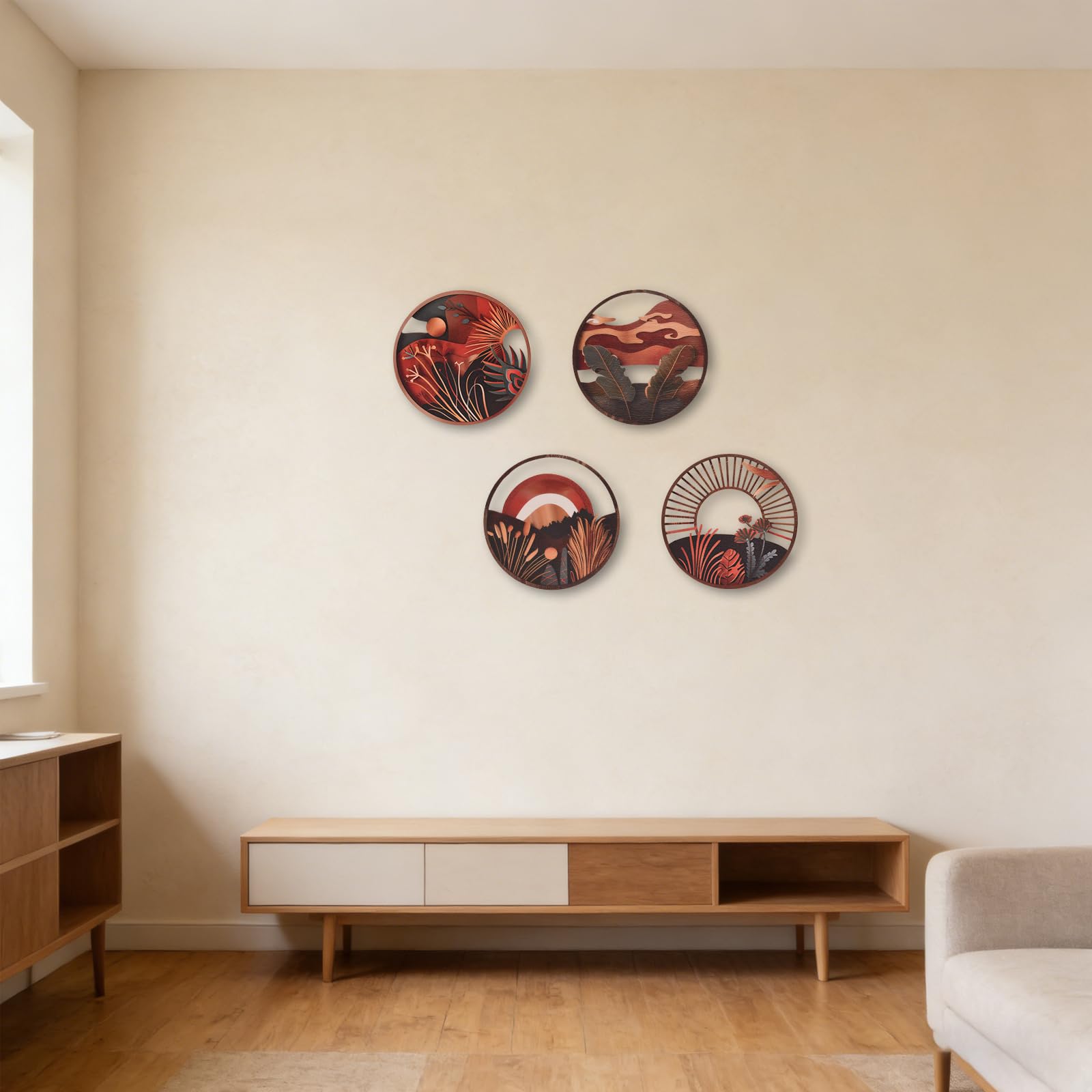 Qaixwuyi Juego de 4 piezas de decoración de pared estilo boho, arte geométrico de madera, decoración rústica redonda moderna con reverso autoadhesivo para sala de estar y dormitorio