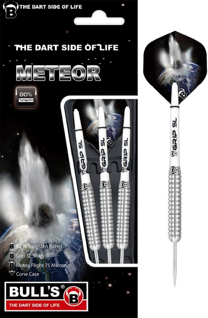 Meteor steel dart made from 80% tungsten. Dart set consisting of 3 darts developed with over 10 variants, different milled barrel variants allow individually pronounced grip level., unisex_adult, Bull's Meteor Mt12 Steel Dart 28 g, 13538, Silver / white., 28 g