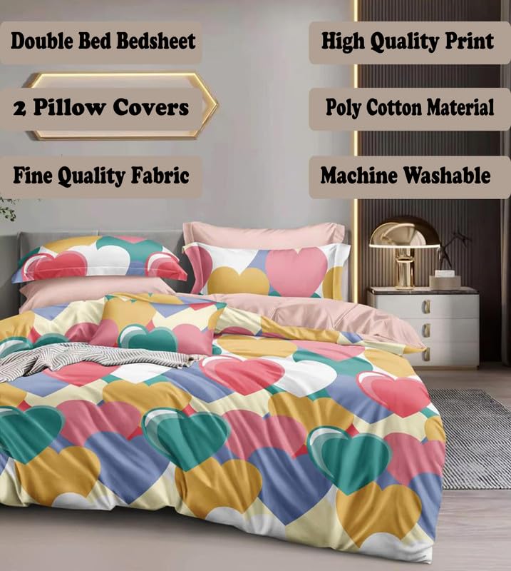 Image of Polycotton Double Bed Bedsheet, Flat Sheet with 2 Pillow Covers, Queen (90x100 inch), 300 TC, Green & Multi, Set of 3