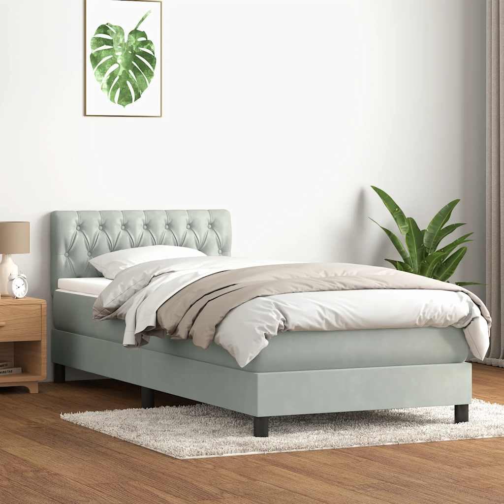 Aksamitny z materacem kieszeniowym do sypialni z LED Szary 80x210 cm | Łóżko kontynentalne 80x210 z materacem sprężynowym, topperem i oświetleniem LED, aksamitne, jasnoszare, z regulowanym
