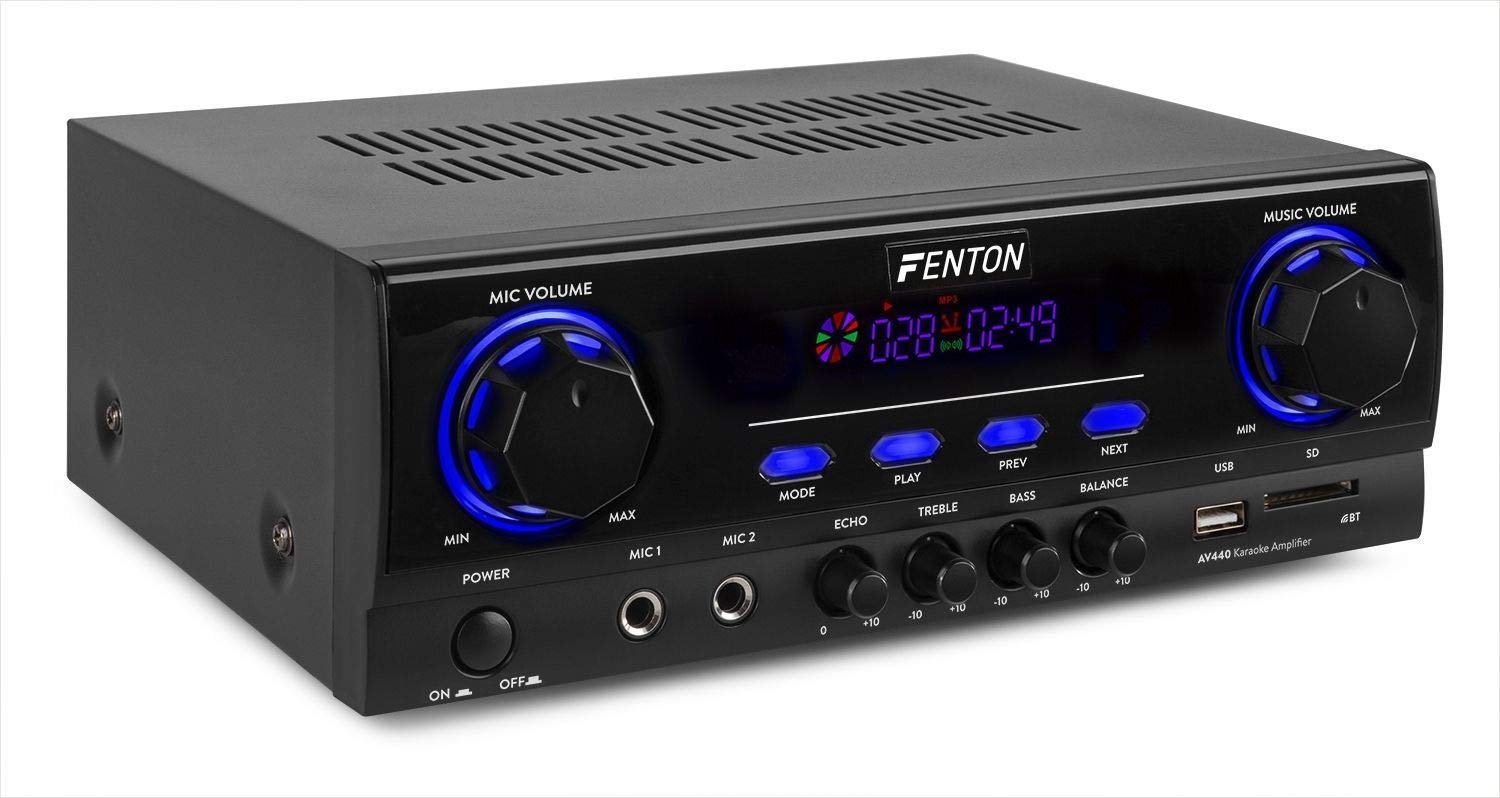 Fenton AV440 Amplificador HiFi y Karaoke Digital con Bluetooth, 400 W, Reproductor MP3 (USB/SD), 2 entradas de micrófono, Ideal para Cine en casa, Fiestas y Eventos, Incluye Mando a Distancia