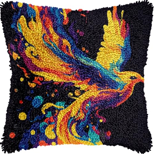 Flying Fire Phenix Colorful Latch Hook Kits Pillow Pre-Printed Cushion Crochet Yarn Needlework DIY Hook Latch Kit Pillowcase Rug Cover Home Sofa Christmas Decoration 43x43cm(4)
