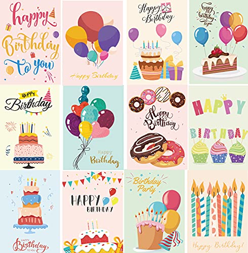 Set of 12Pcs Happy Birthday Cards, 12 Different Designs Birthday Cards with Envelope and Stickers - 5 x 7 inches Birthday Greeting Cards for Kids, Women, Men, Mom, Birthday Gift