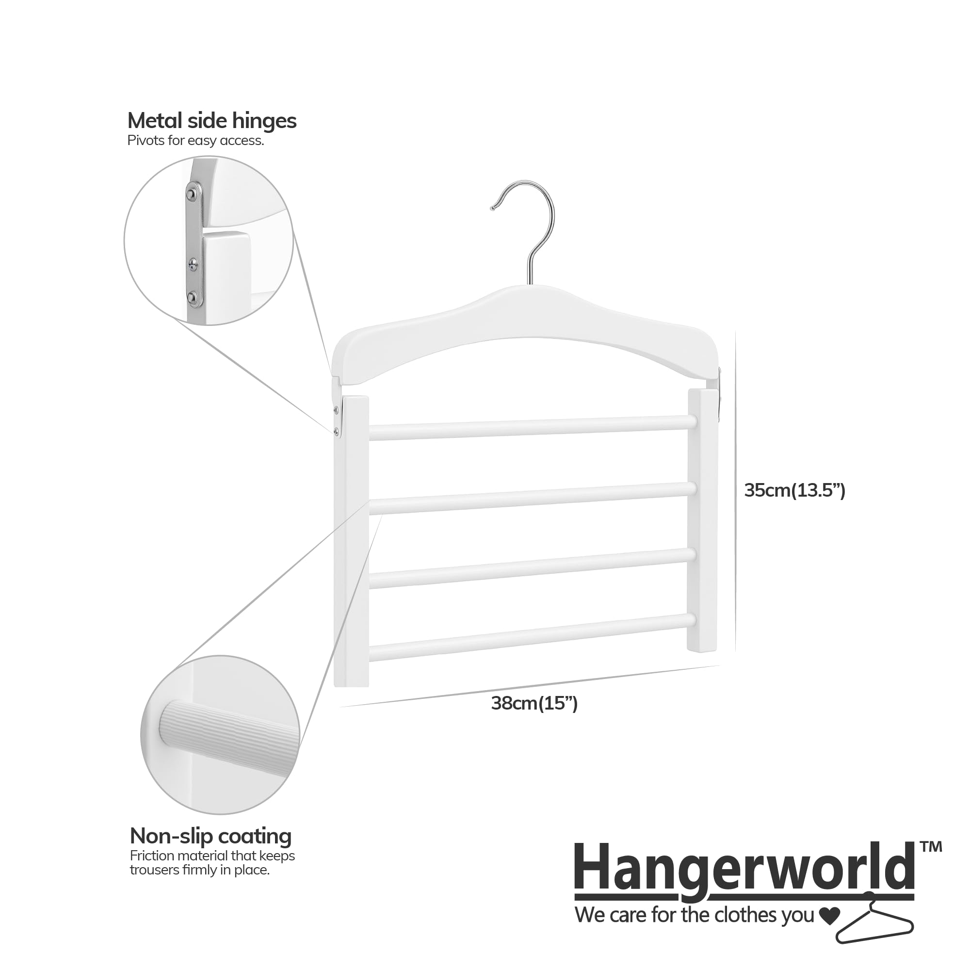 Hangerworld Paquete de 3 perchas de madera blanca para pantalones, organizador multifuncional de almacenamiento de ropa de 4 niveles con barras antideslizantes