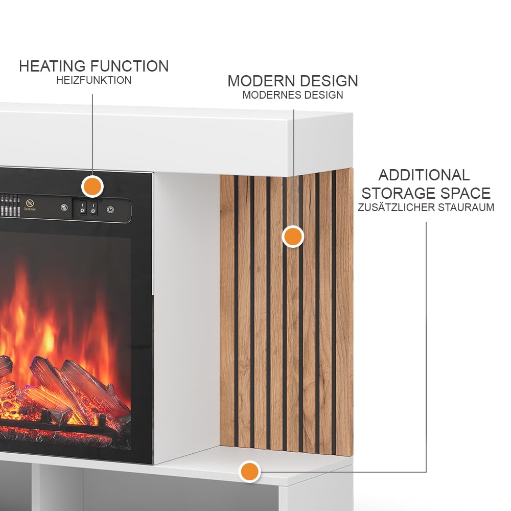 Vicco Caminetto elettrico "Lynea", Bianco, 100 cm | con effetto fiamma realistico e riscaldatore da 1800W, utilizzabile a parete o autoportante