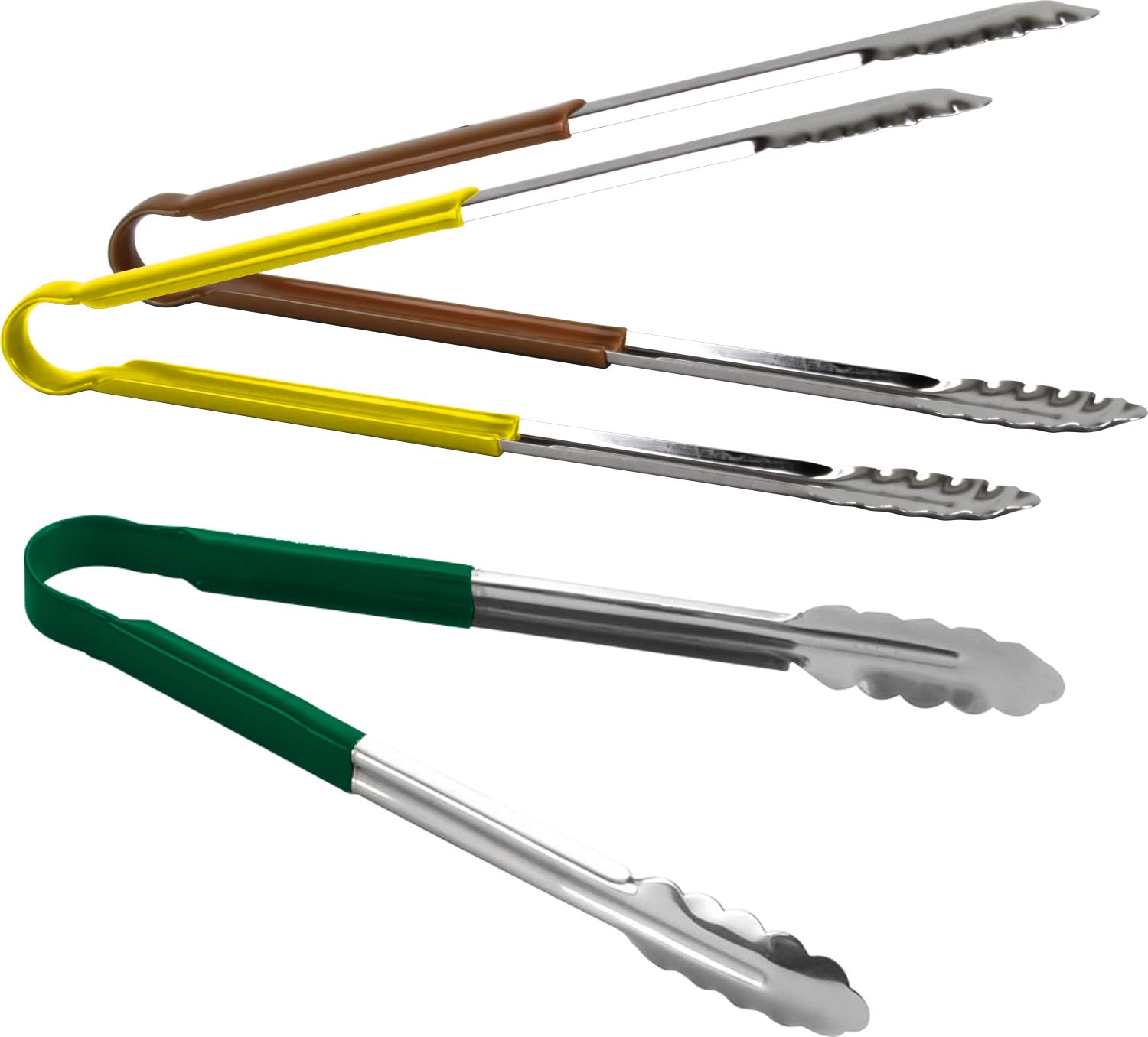 3pc Catergold Professional 15" (38cm) Stainless Steel Food Tongs Set (Green Yellow Brown)