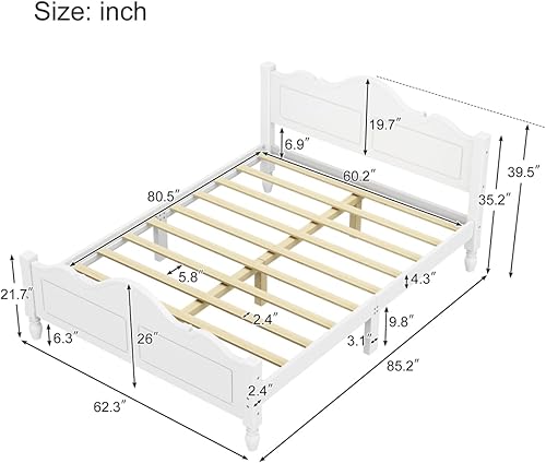 Miniatura 2 de Marco de cama de madera maciza de estilo retro con cabecero y patas en forma de calabaza, no necesita somier, color blanco