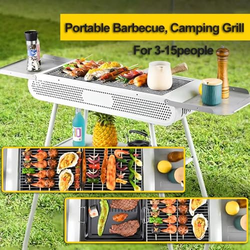 Barbecue a carbonella, portatile grande griglia da tavolo con 2 reti e 1 piastra per griglia, barbecue pieghevole all'aperto per 5-8 persone, 3 ripiani portaoggetti