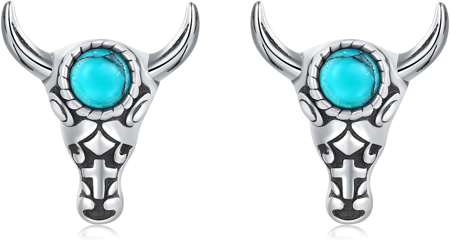 925 Sterling Silver Western Cow Skull Stud Earrings for Women Hypoallergenic Turquoise Cow Head Ear Studs for Daughter Vintage Western Style Jewelry Gifts