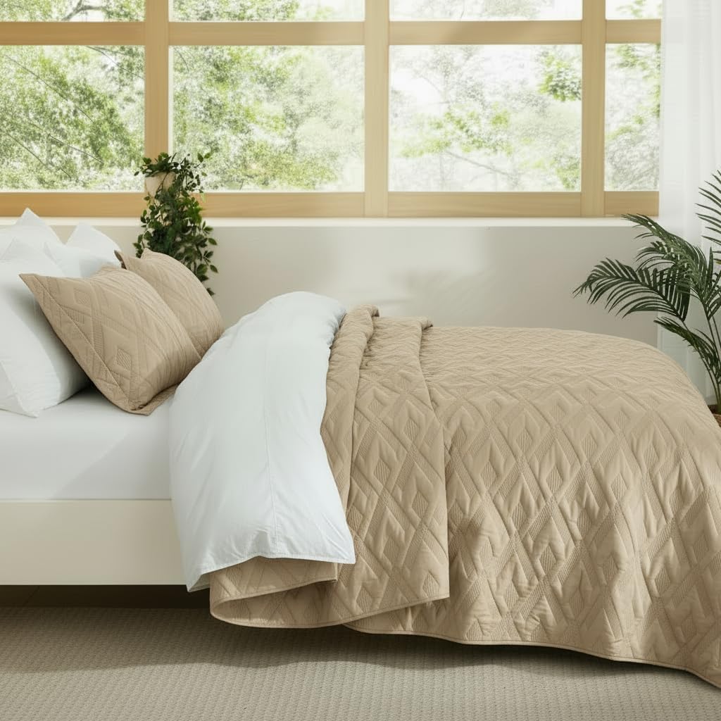 BOV Beige Quilt Queen Size 92x96 – Quilted Lightweight Comforter, Cooling Summer Bedspread, Decorative Bedding Set