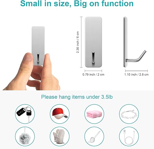 Miniatura 4 de Ganchos pequeños autoadhesivos para paredes sin daños, paquete de 6 ganchos de acero inoxidable para colgar toallas, llaves, sombreros, bolsas,