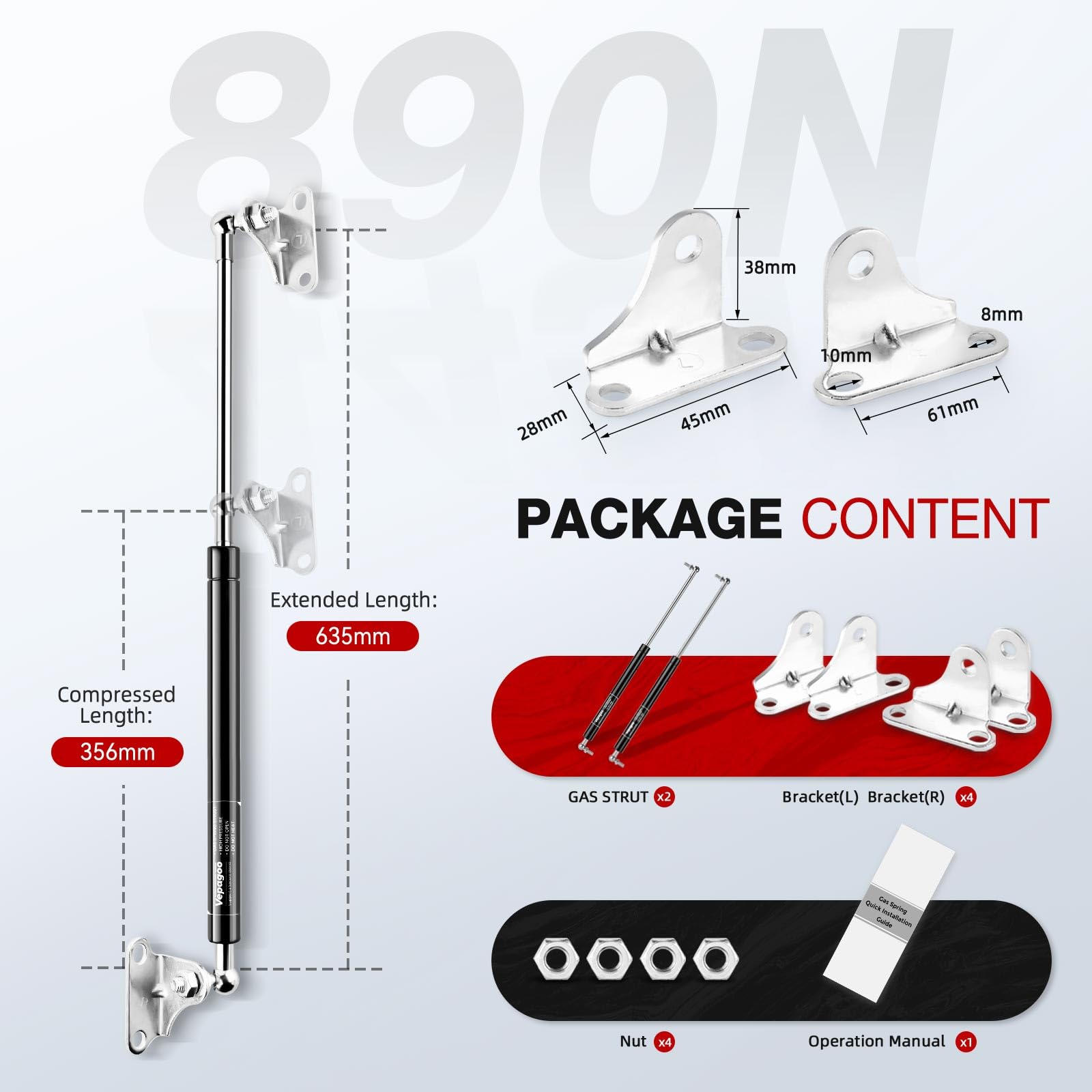 Vepagoo 630 mm, 890 N (100 kg), vérin à gaz réglable universel avec kit de montage – pour lit Otto-Mane, volet lourd, trappe de sol, etc. Lot de 2