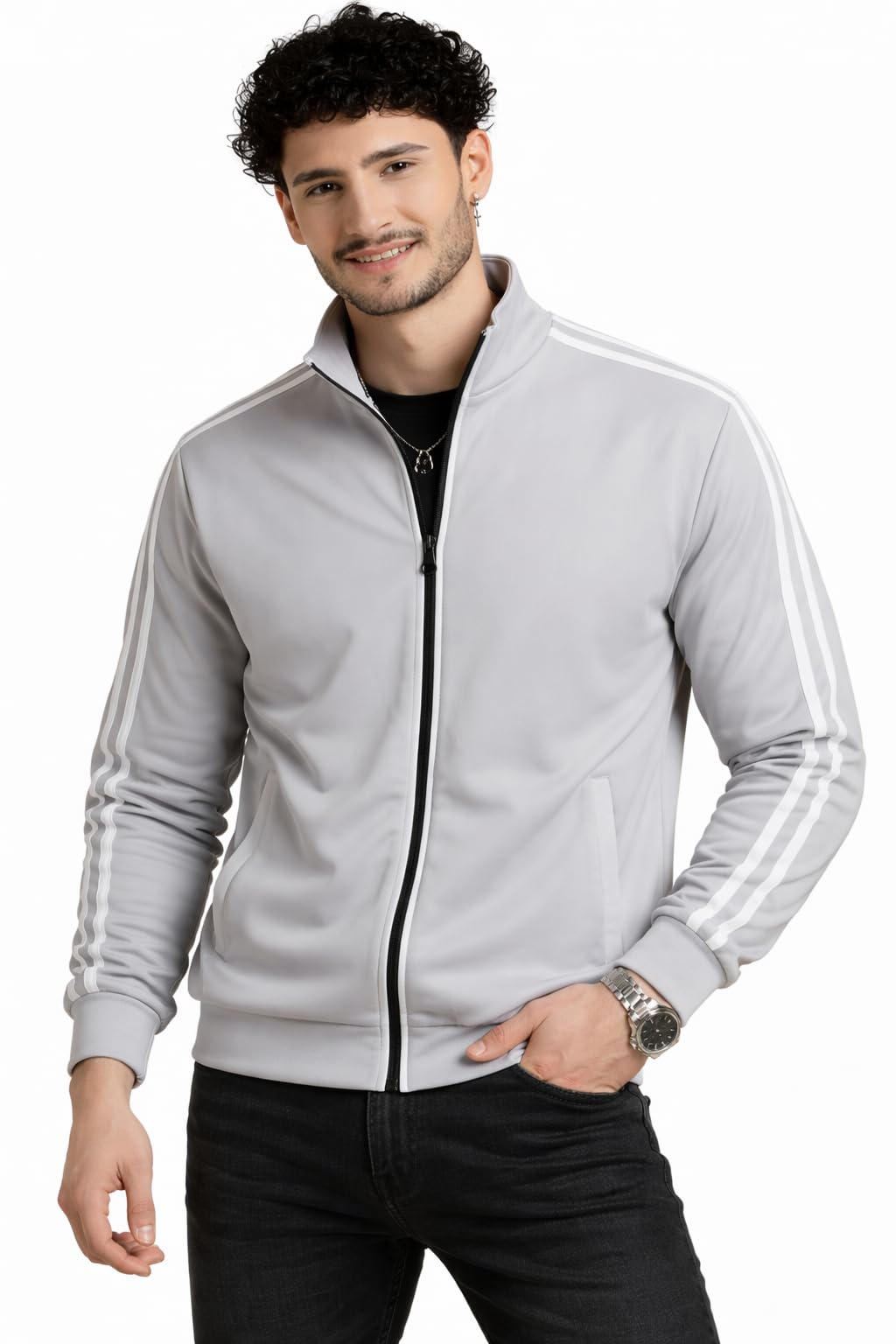 designally Men's Track Jacket, Grey with White Stripes, Full Zip, Athletic Sportswear-picture-41