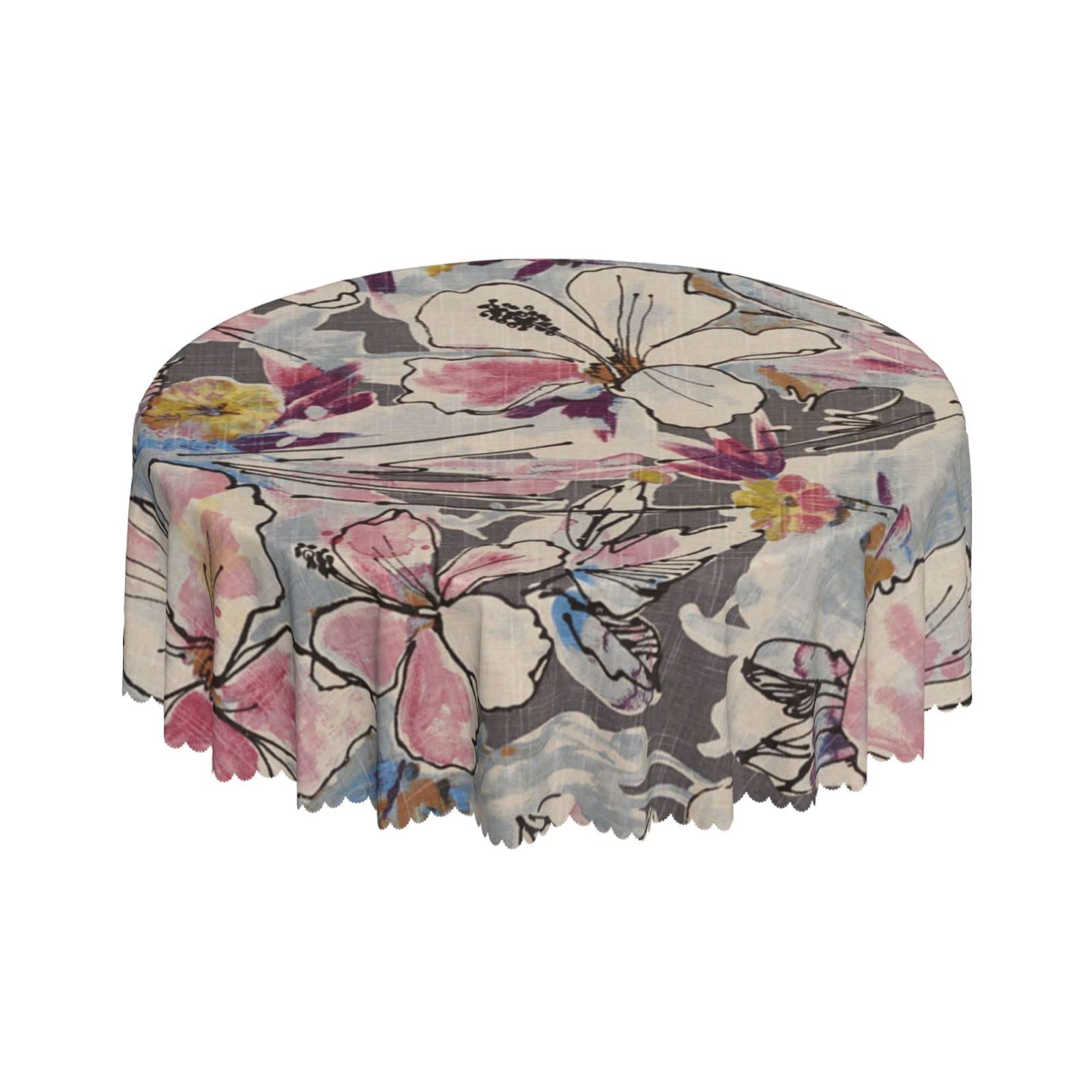 Lsjuee Abstract Flower Pink Round Tablecloth 60 Inch Printed Washable Tablecloth for Dining Party Holiday Fall Home Decorative
