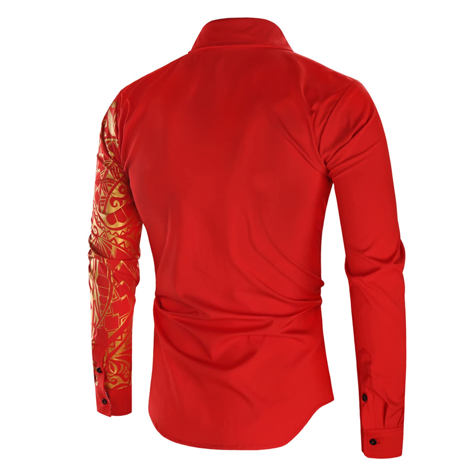 Men's Print Button Down Dress Shirt Shiny Golden Printed Long Sleeves Shirts Casual Slim Floral Nightclub Costume (Red,XX-Large)