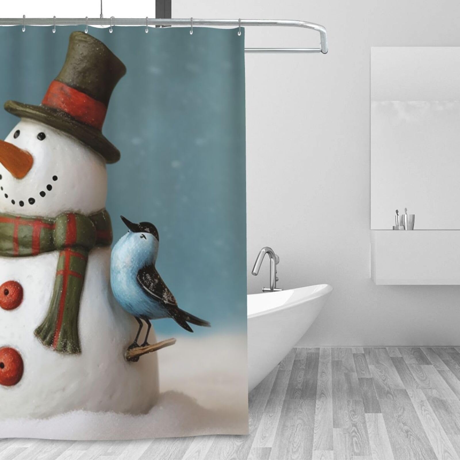 Rideau de douche oiseau et bonhomme de neige imperméable et lavable pour déco salle de bain
