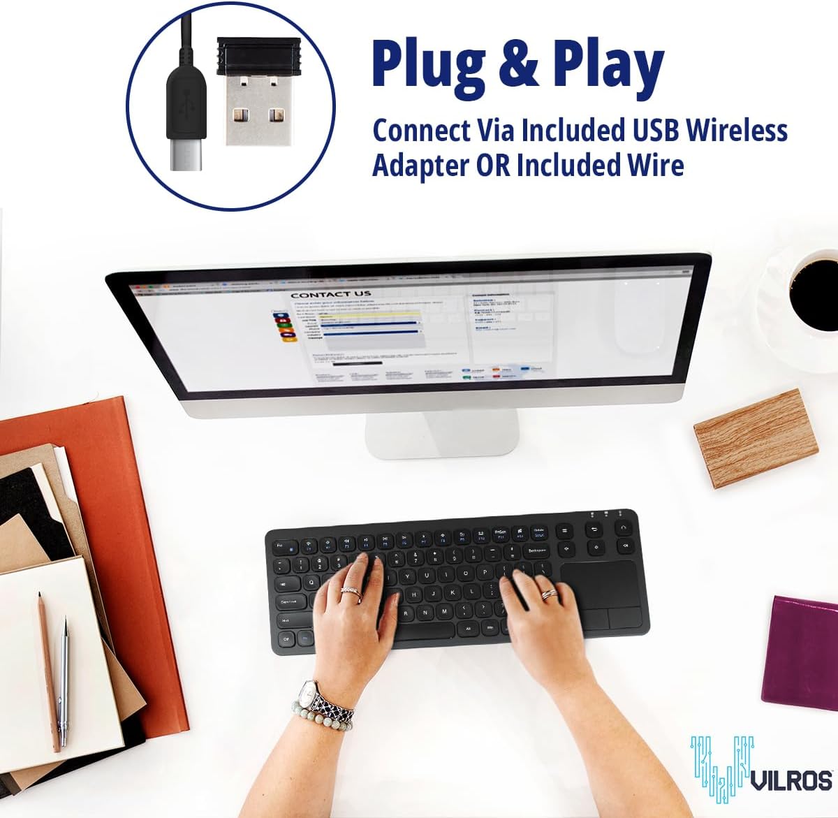 Vilros 2.4G Wireless & Wired Touch Keyboard with Built-in Touchpad- USB Wired + 2.4G Wireless Keyboard Compatible with Raspberry Pi