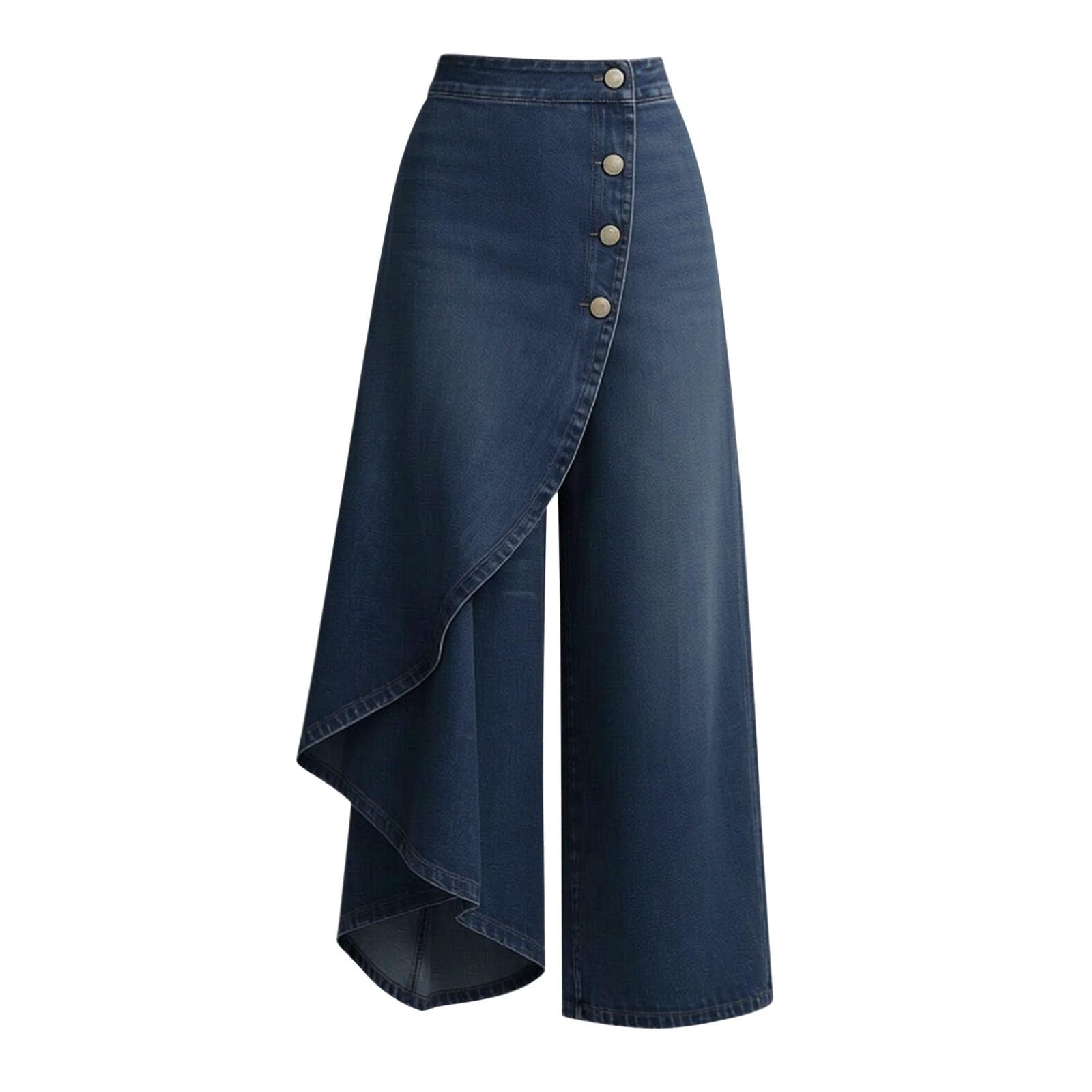 Générique Pantalon Ample et Large pour Femme, Couleur Unie, Imitation Denim, décontracté et Tendance, avec Fermeture boutonnée à la