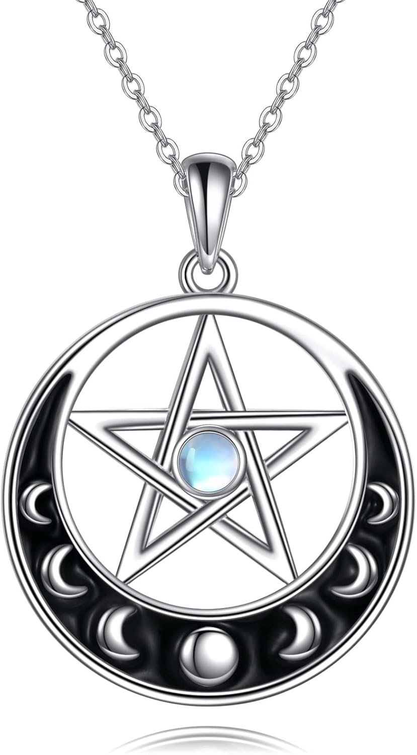 URONE Pentagram/Triple Moon/Hecate/Sun Necklace Sterling Silver Crescent Moon Phase Pentacle Moonstone/100 Languages Pendant Wiccan Jewelry Gifts for Women