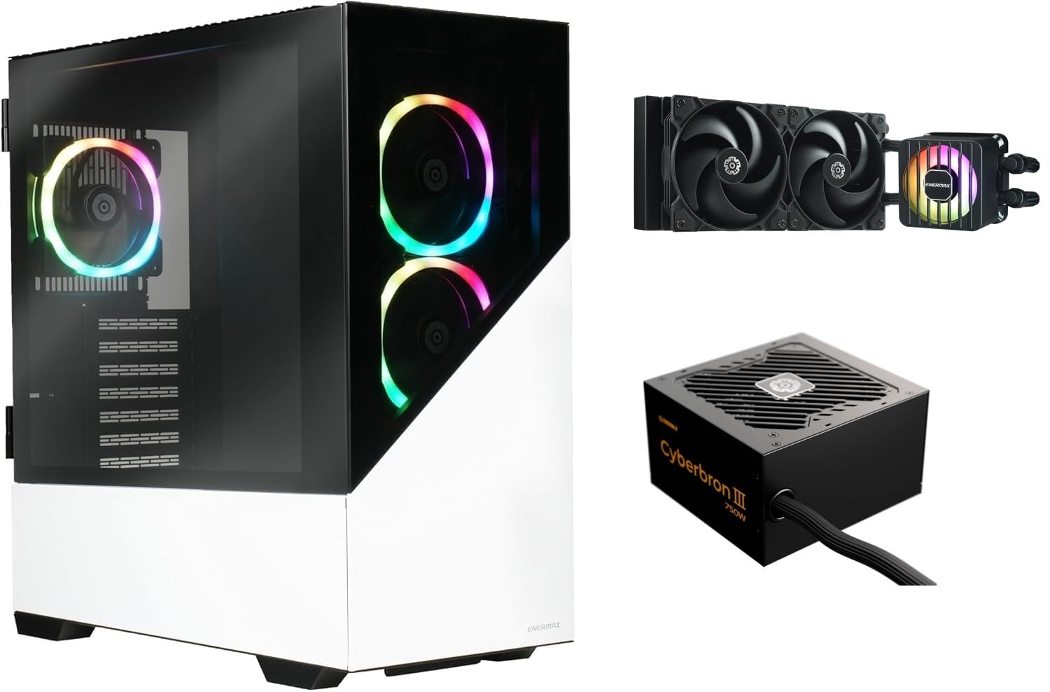 Enermax EnermaxK8 ARGB Midi Tower Case per PC da gioco Snow White & CYBERBRON III 750 Watt 80 Plus Bronze Alimentatore di rete e raffreddamento ad acqua LIQMAXFLO SR 240 Bundle; K8WW-750N-240SF