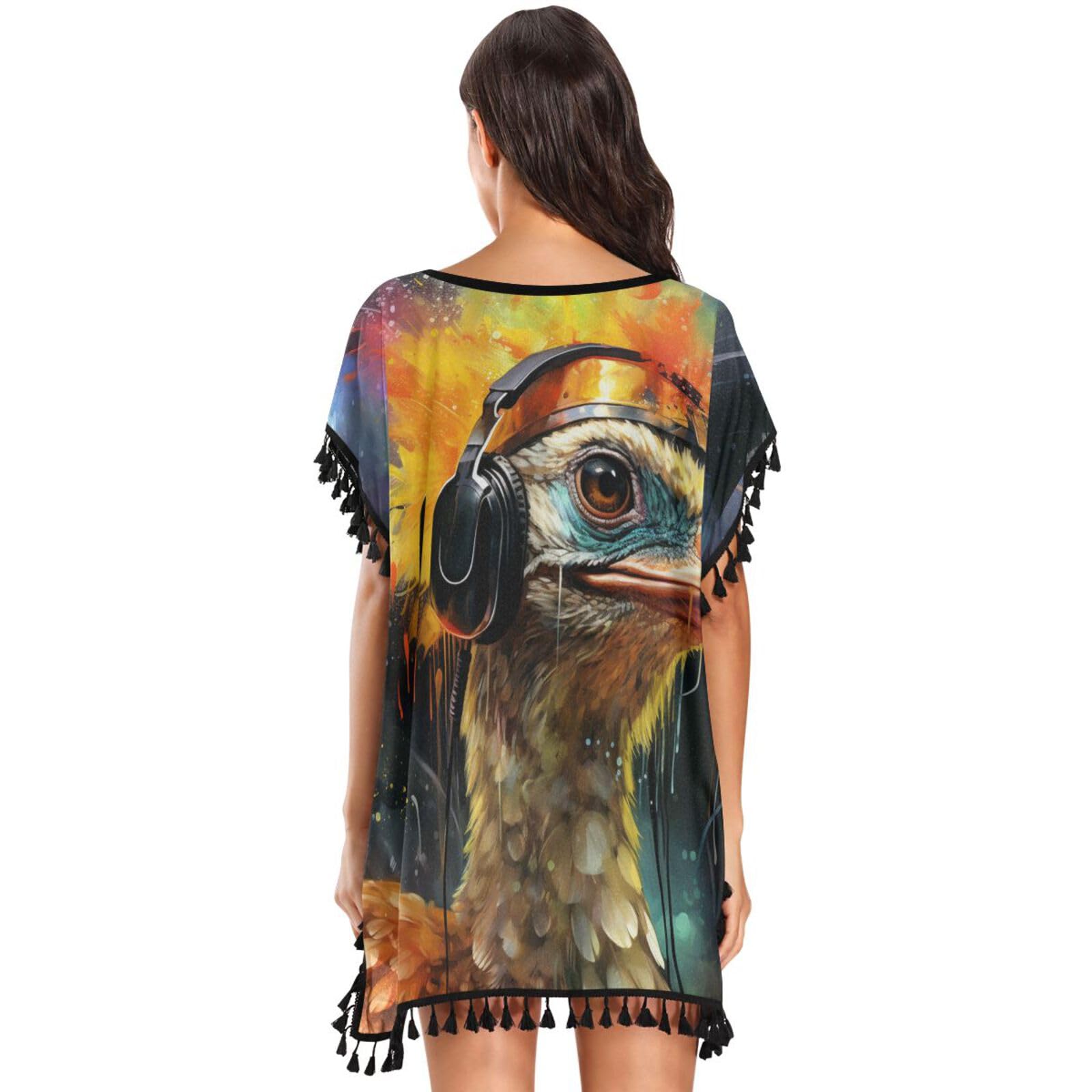 KAAVIYO Ostrich Colorful Abstract Space Women's Beach Cover Up Chiffon Tassel Swimwear Swimsuit Coverups for Girl