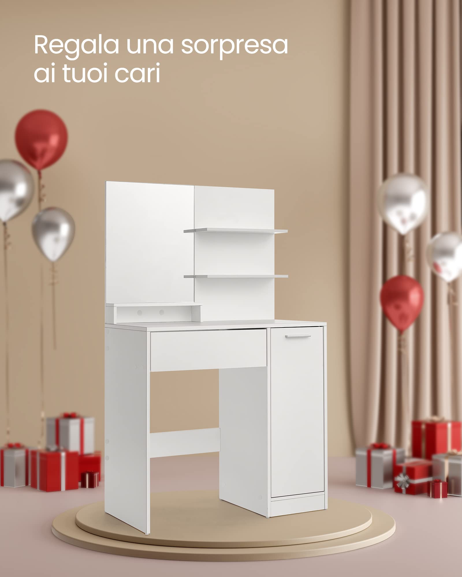 VASAGLE KAILYN Collezione - Toeletta, Tavolo da Trucco con Specchio Grande, Scomparto con 2 Ripiani Regolabili, 1 Cassetto, 2 Mensole, Postazione Trucco Moderna, Bianco RDT119W01
