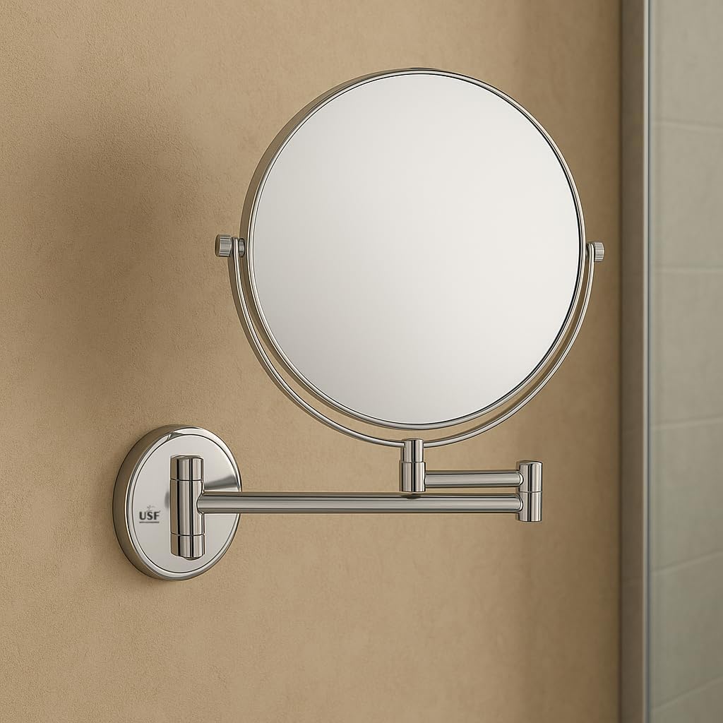 USF Bath Accessories Makeup Mirror | Shaving Mirror | Bathroom Mirror with 5X Magnifying Mirror & Wall Bracket with Adjustable & Round Framed - (Silver Finish,8 Inch)