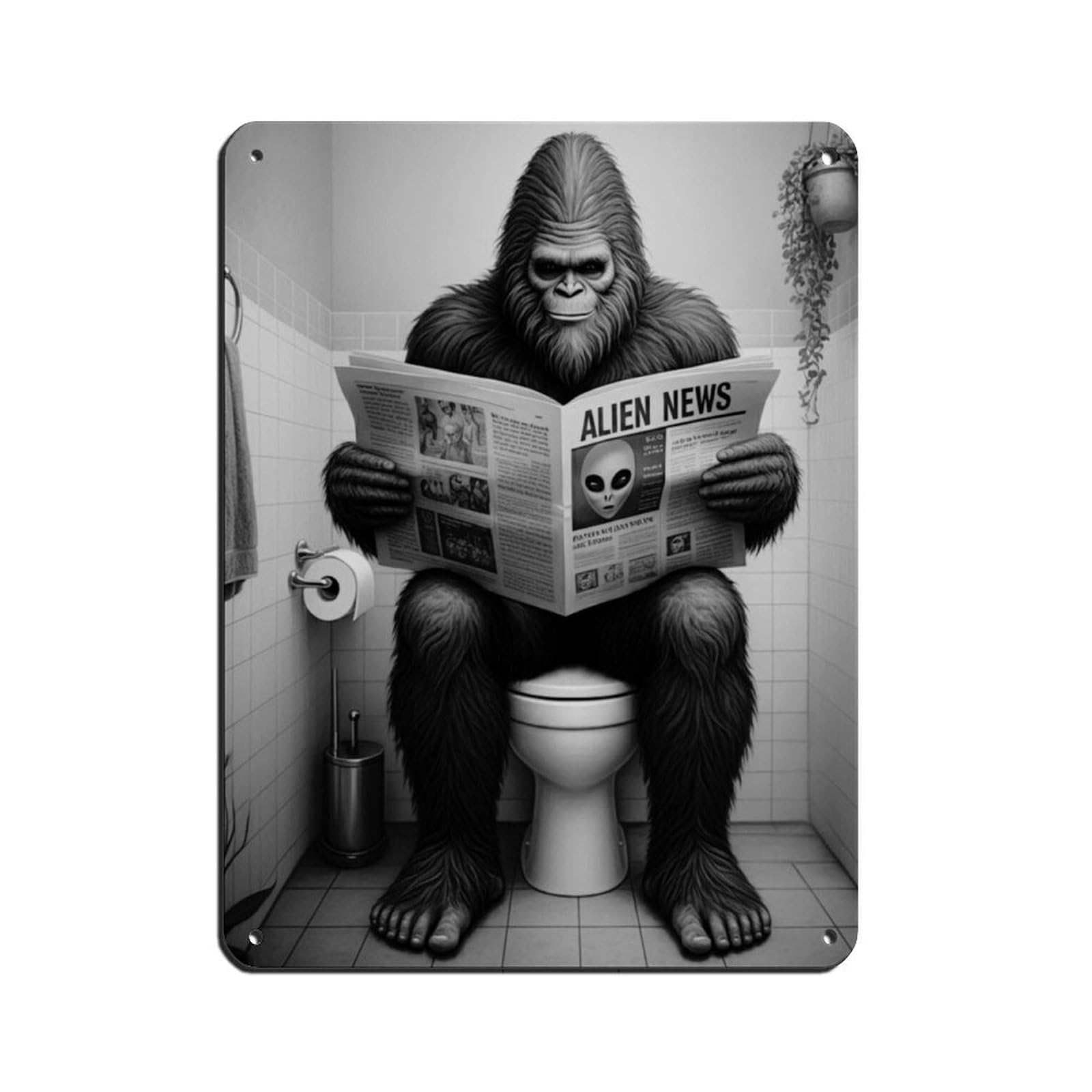 Bigfoot Sitting on Toilet Bathroom Art Retro Poster Metal Tin Sign Chic Art Retro Iron Painting Bar People Cave Cafe Family Garage Poster Wall Decoration 12x16inch(30x40cm)
