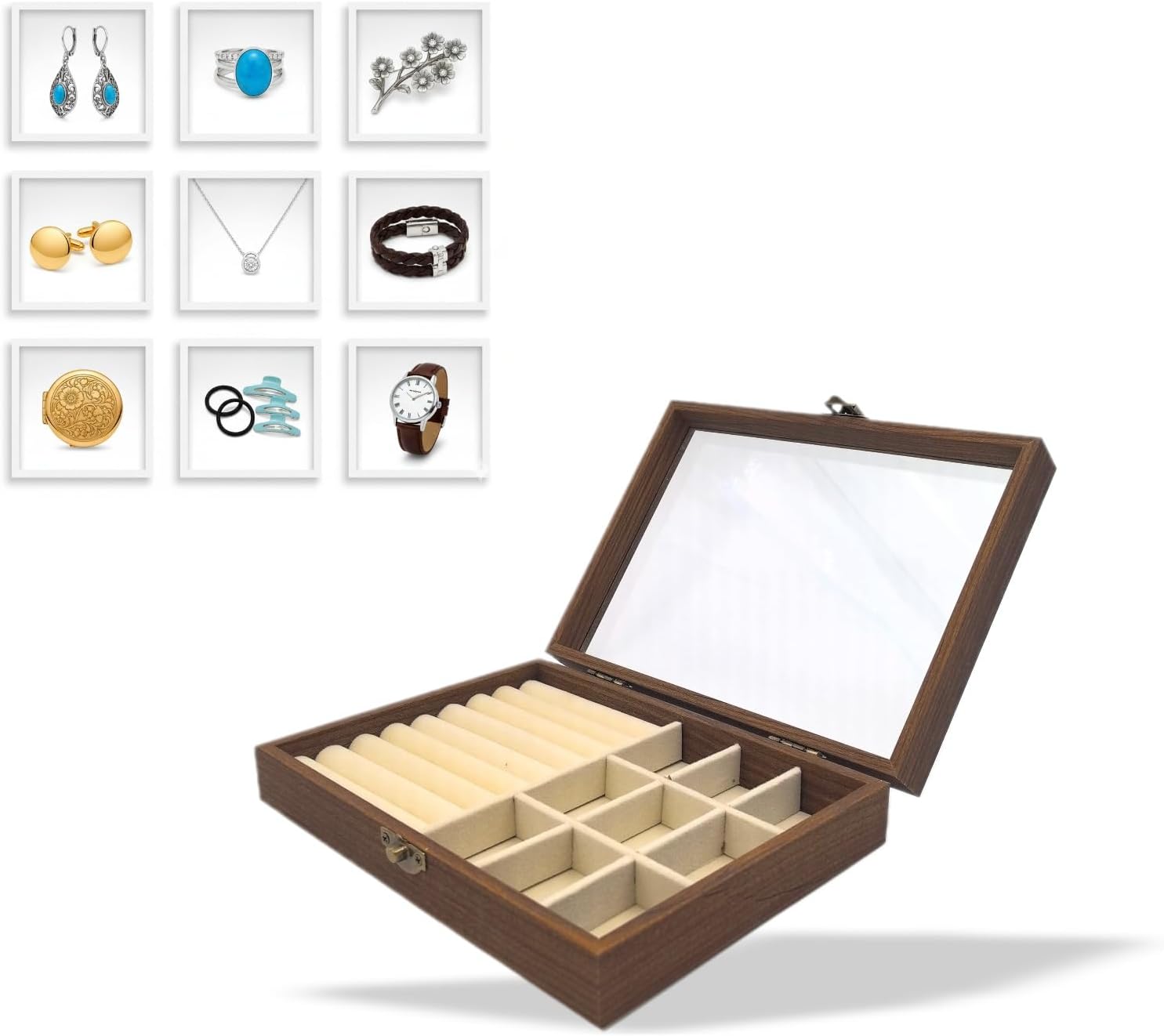 CT SUN Small Wooden Jewelry Organizer Box Case, Vintage Style Display Case with HD Glass Lid, Velvet Lining, for Women Rings Earrings Bracelets Brooches, Compact Size Jewelry Box for traveling - Image 4