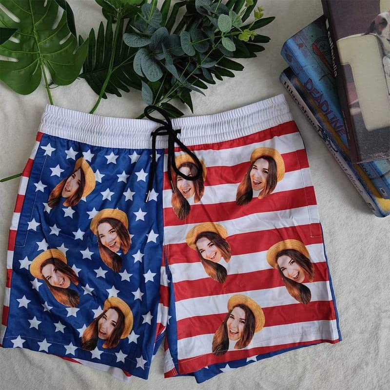 Custom Face Men's Stretch Swim Trunks Personalized with USA Flag Quick Dry Drawstring Elastic Waist Shorts Bathing Suit2