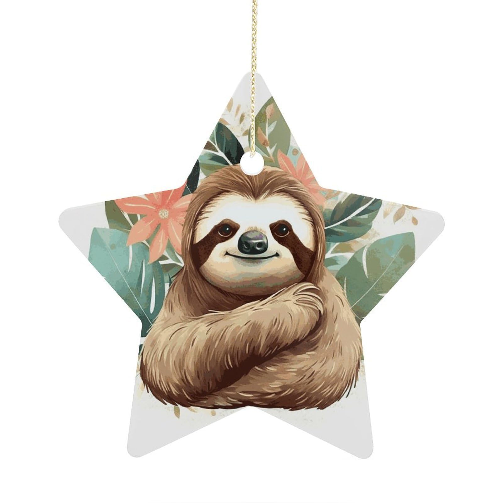 Cute Sloth Leaves Stars Ornaments Ceramic Christmas Tree Hanging Light in Weight Christmas Star Pendants Funny Double-Sided Printed Xmas Ornaments for Gifts