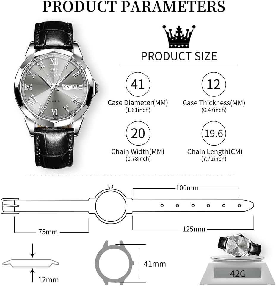 OLEVS Men's Chronograph Quartz Watches, Leather Strap Gold Case with Day Date, Waterproof Stainless Steel Wrist Watch, Luminous Hand Analog Watches for Men, Brown/Black/Blue/White Dial - Image 6