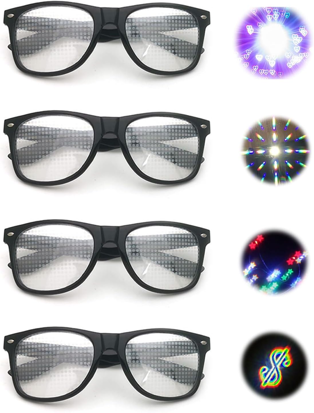 Diffractions Party Glasses with 3D Prism Heart Star Effect, Refractive Glasses, Funny Heart Glasses Effect, Rave Glasses Men Women for Night Fireworks Show Carnival Party, Pack of 4