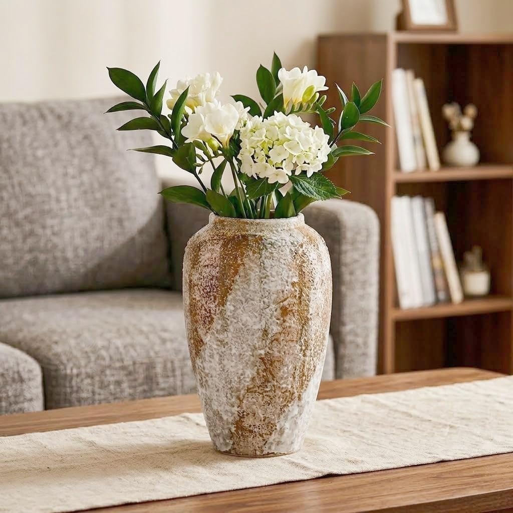 Rustic Ceramic 9.5 in Vase, Ceramic Vase for Home Decor, Living Room Decoration, Shelf Decor, Mantel, Dinner Table Office Decorations Flower