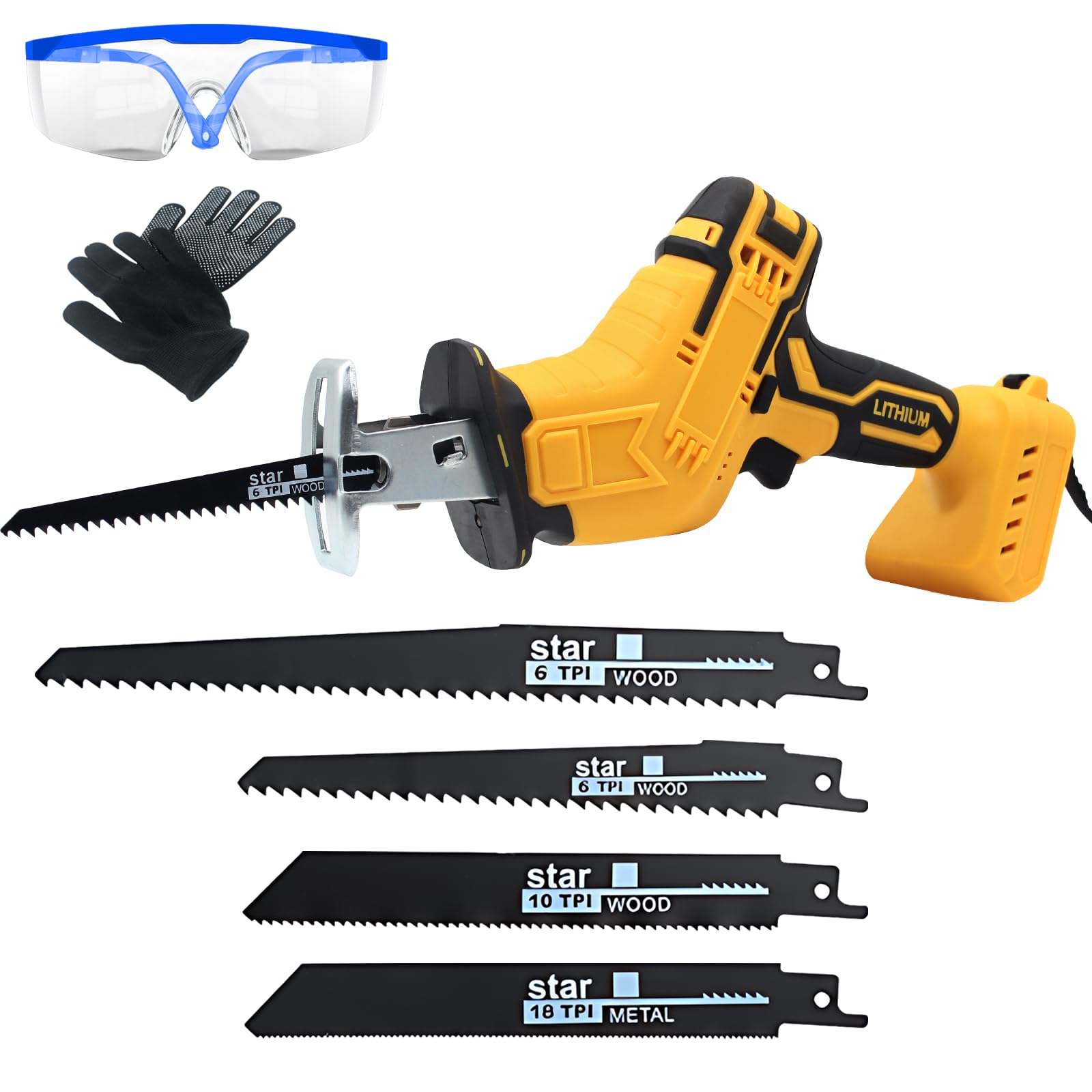 Timisea Brushless Cordless Reciprocating Saw (no Battery ) with 4 Blades & Safety Kit, 3500 SPM Variable Speed for DEWALT 20V Batteries for Wood, Tree Branch, PVC Pipe, Metal Cutting