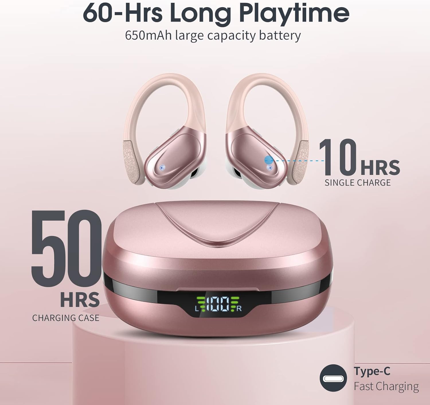 cascho wireless earbuds bluetooth 5 3 headphones 60hrs playback hd stereo audio led display over ear ipx7 waterproof earphones with earhooks built