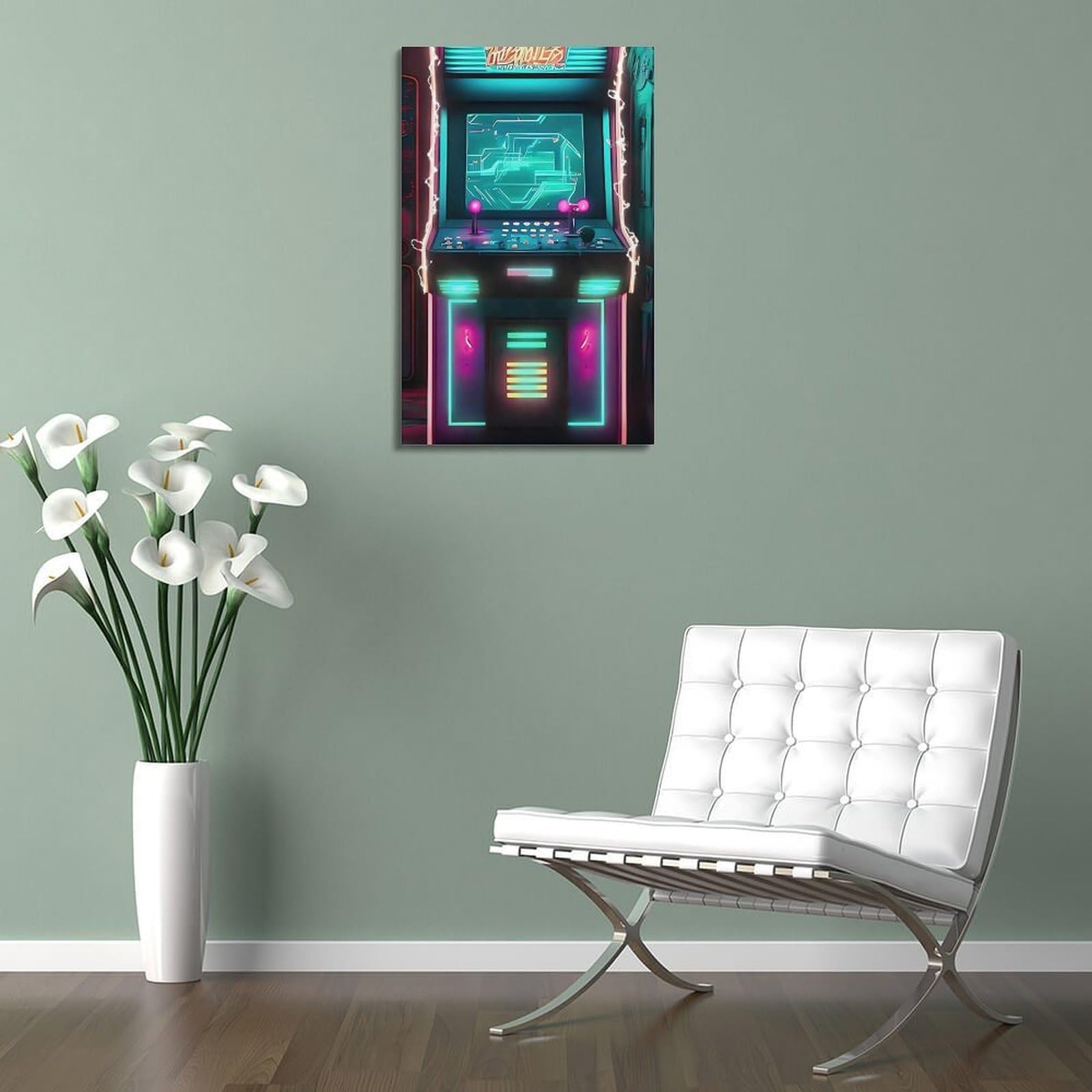 Stampa artistica da parete moderna su tela, poster di videogiochi, macchina arcade al neon, pittura creativa su tela, 40 x 60 cm, con cornice