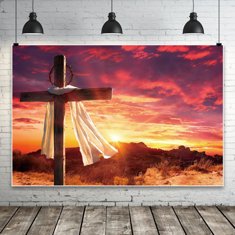 3,7 x 3 m drewniany krzyż tło góra góry kolorowe chmury złoty lśniący wschód słońca fotografia tło chrześcijańska Wielkanoc wiara religijna dekoracja fotobudka studio rekwizyt