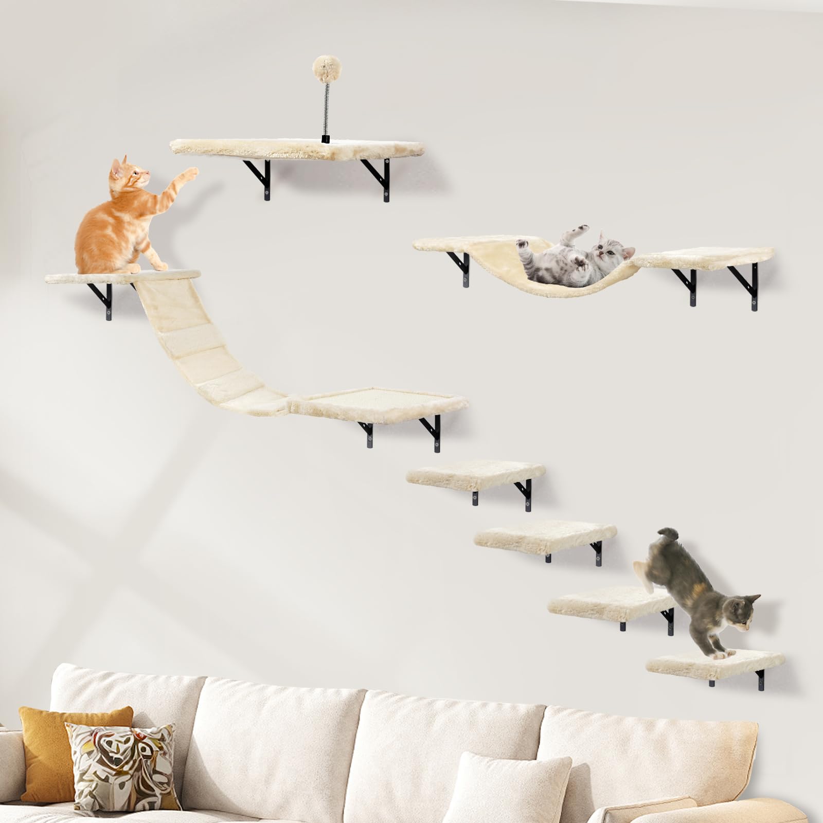Kit mural d'escalade pour chat beige avec hamac et pont de 7 éléments