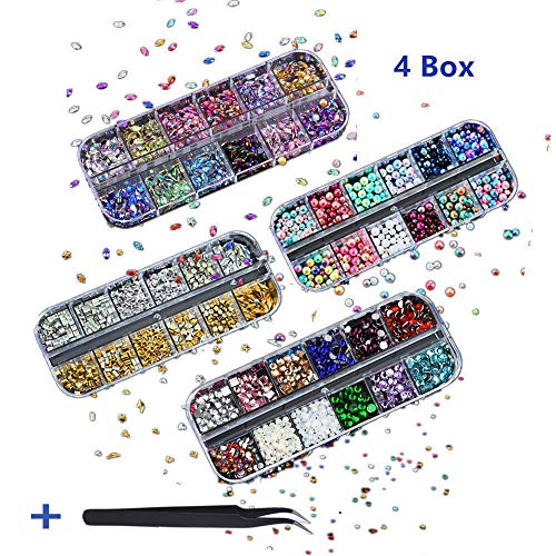 Kalolary Nail Art Rhinestones Set(4 Boxes), Nail Studs Fake Nail Pearls Nail Sequins, Multi-size Gems Metal Nail Rivets Studs Diamond Horse Eye Rhinestone Nail Art Decoration with Tweezers