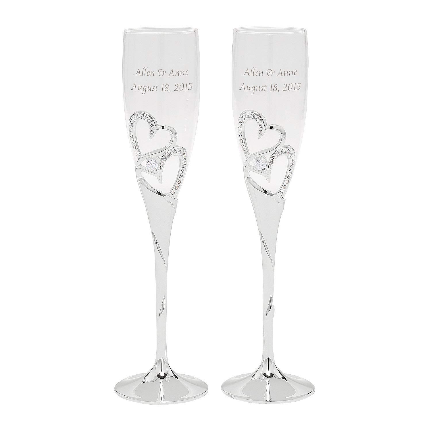 Fun Express Stacked Heart Personalized Wedding Flutes (2 pcs, 8 oz, Silver with Rhinestone Accents)