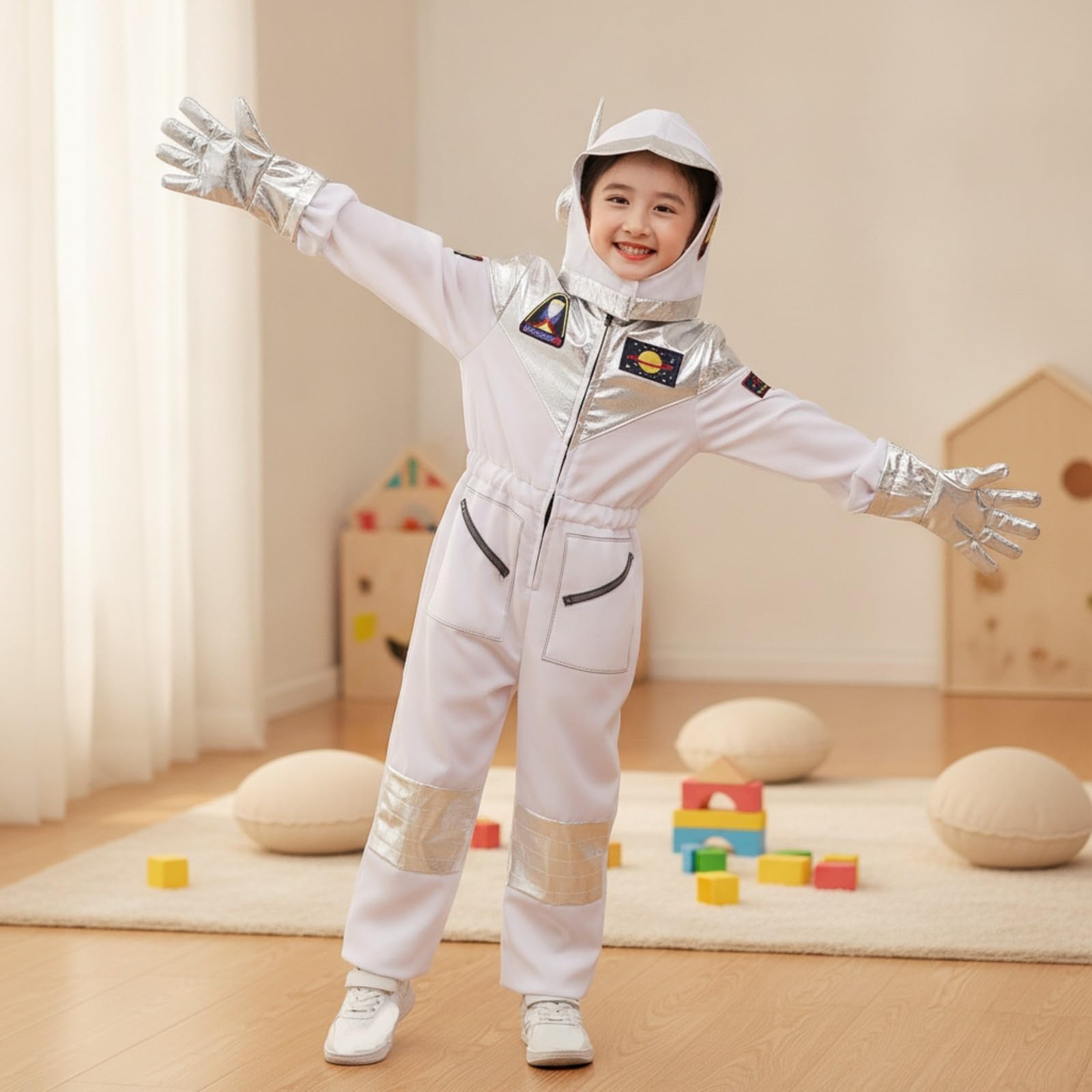 Tuta Completa da Esploratore Spaziale | Realistico, Tuta da esploratore spaziale con Cappuccio, Lavabile, per Halloween, Recite Scolastiche, S, Con Guanti