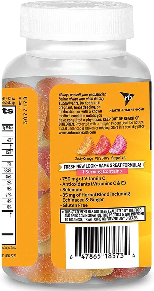 Airborne Assorted Fruit Flavored Gummies, 42 count - 750mg of Vitamin C and Minerals & Herbs Immune Support (Packaging May Vary) ( Pack of 2)
