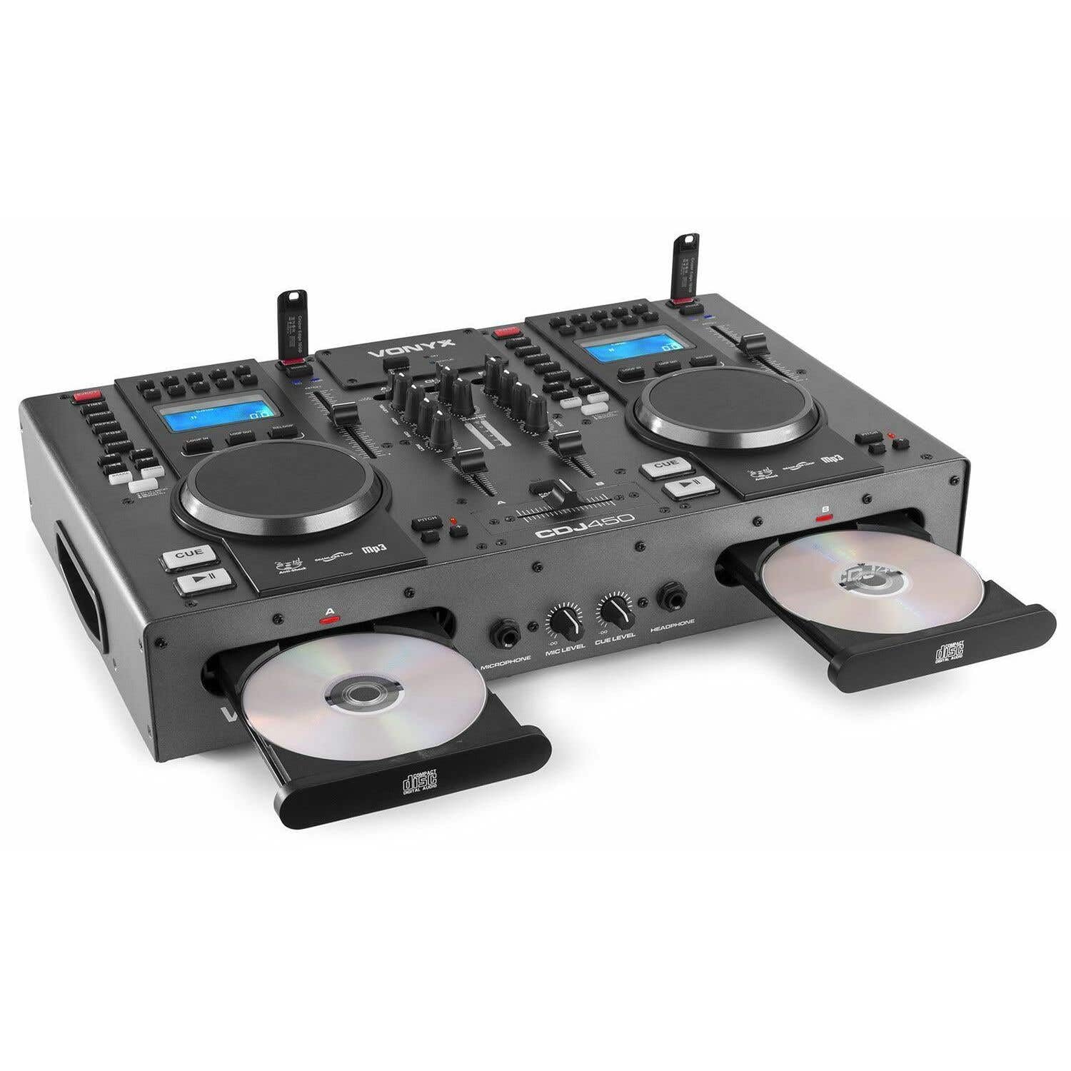 Vonyx CDJ450 - Double Lecteur CD/MP3/USB/Mixeur avec Bluetooth, 2 Canaux, Fonctionnalité Auto-Cue, Molettes Intégrées, Sorties Master et Record, Parfait pour DJ Amateurs ou Professionnels