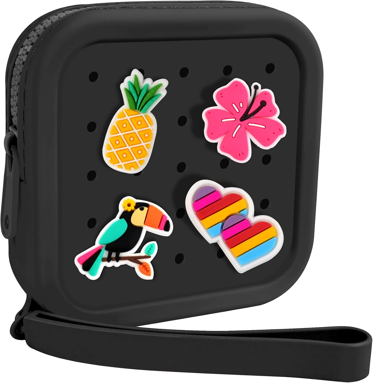 Small Silicone Pouch for Purse – Portable Organizer Bag, Mini Cosmetic Bag Holds Lipsticks, Coins, Travel Accessories, Zipper Pouch, Small Makeup Bag With 5 Charms(Black)