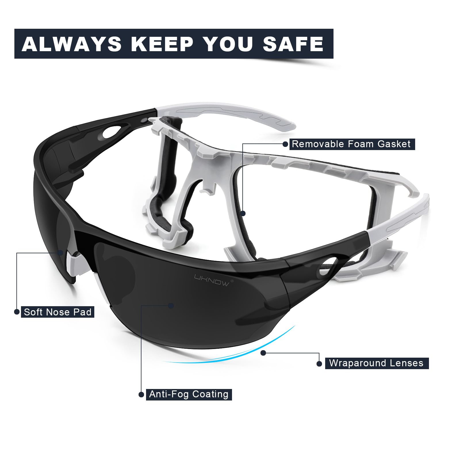 UKNOW Gafas de seguridad, lentes envolventes antivaho, junta de espuma extraíble, gafas protectoras ANSI Z87.1, resistentes a los impactos
