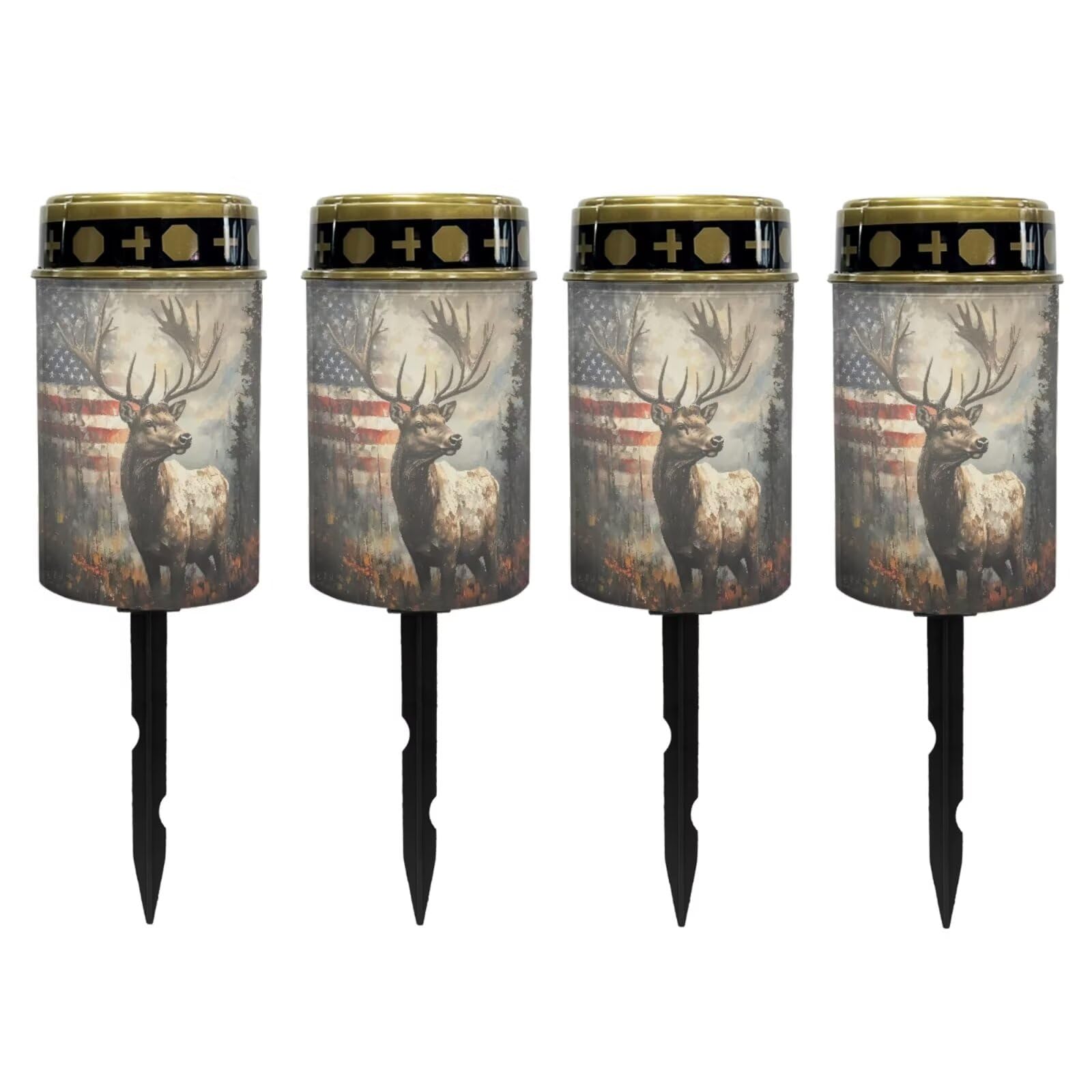 Poceacles Deer American Flag Forest Outdoor Lights Solar Powered Flameless Candle Cemetery Votive Candles Waterproof Outdoor Memorial Candle Solar Stake Lights Home Outdoor Decoration, 4 PCS